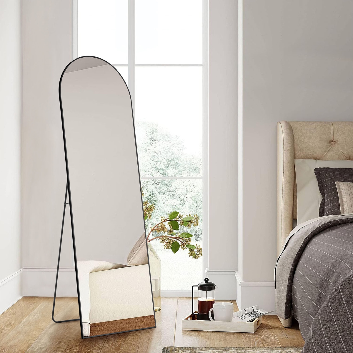 723662 Black Aluminum Arch Freestanding & Wall Mounted Framed Full Length Mirror - 64 in.