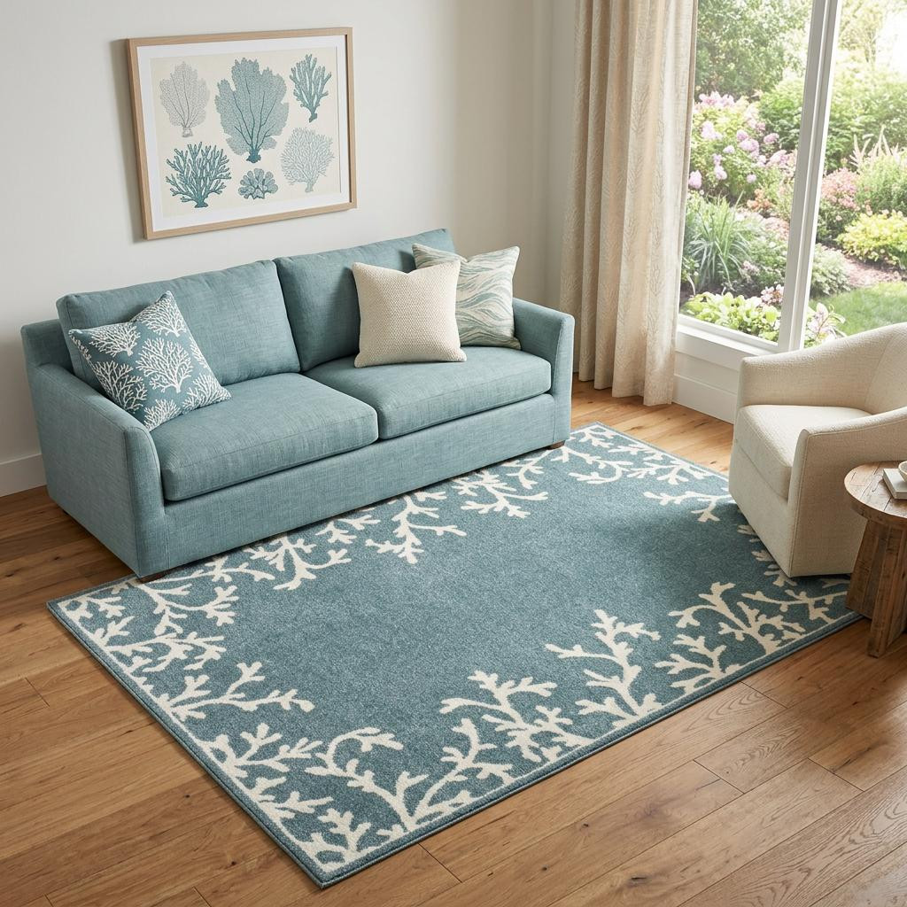 723972 5 x 7 ft. Blue & Ivory Seashell & Coral Rectangle Area Rug