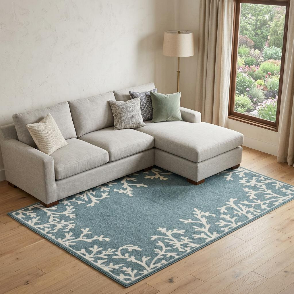 723973 8 x 10 ft. Blue & Ivory Seashell & Coral Rectangle Area Rug