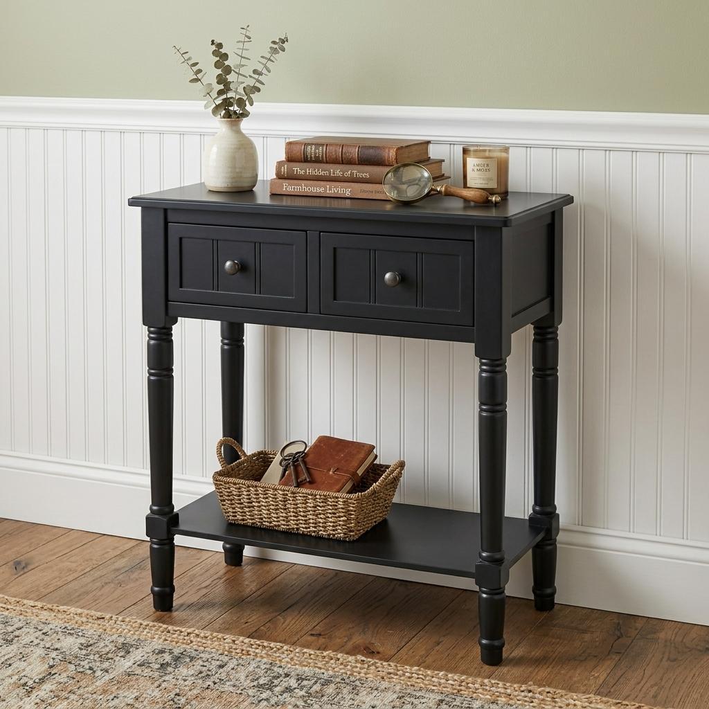 738131 24 in. Black Solid Wood Console Table with Shelf & Three Drawers