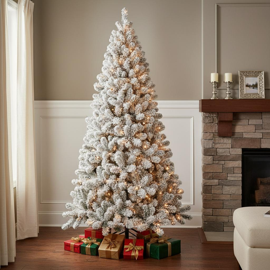 709818 Pre Lit Full Flocked Spruce Christmas Tree, 6 ft.