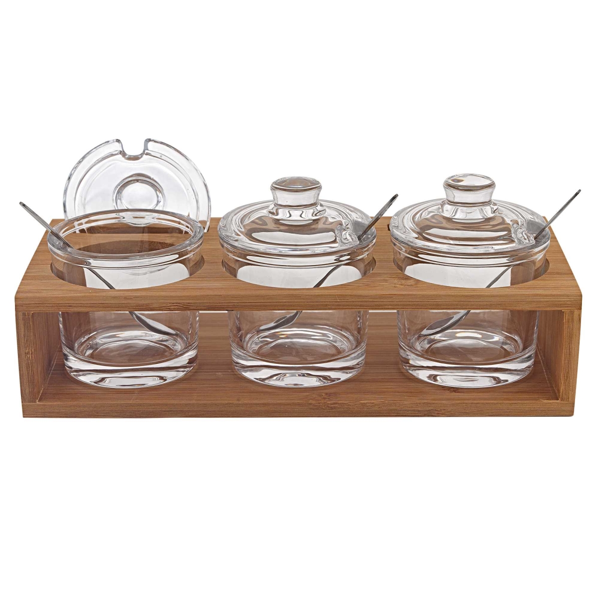 Picture of Homeroots 375725 6 in. Mouth Blown Crystal Jam Set with 3 Glass Jars & Spoons on a Wood Stand