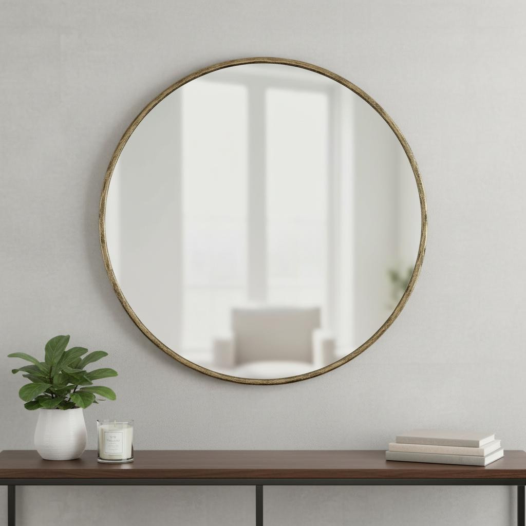 605302 36 in. Antiqued Brass Iron Round Framed Accent Mirror