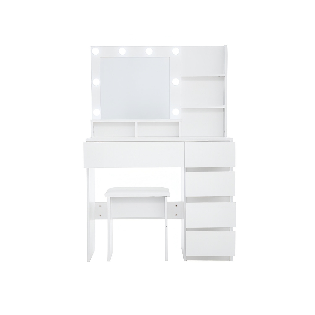 714432 35 in. White Wood Five Drawer Vanity Table with Stool Mirror & Lights