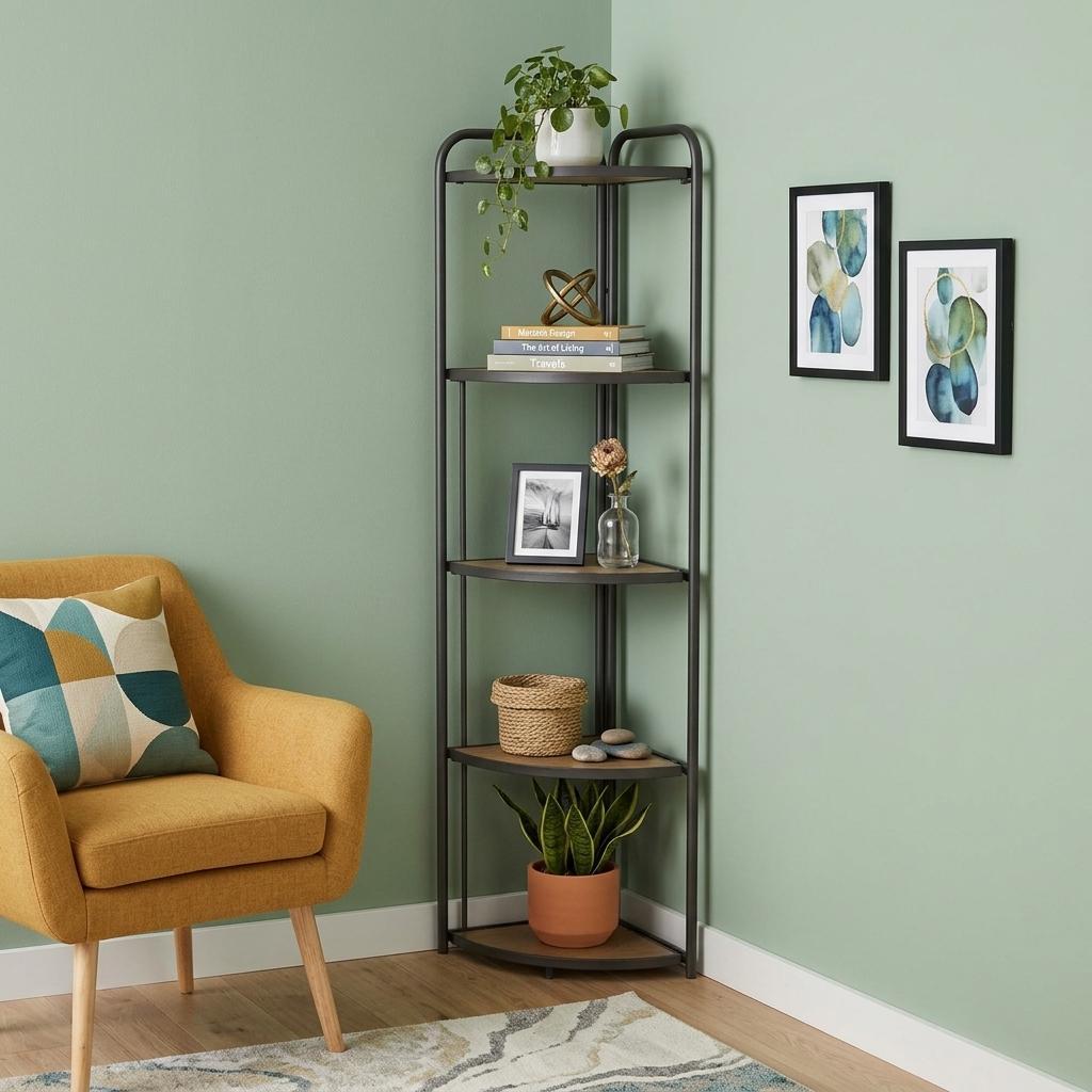 738643 62 in. Black & Brown Metal & Wood Five Tier Corner Bookcase