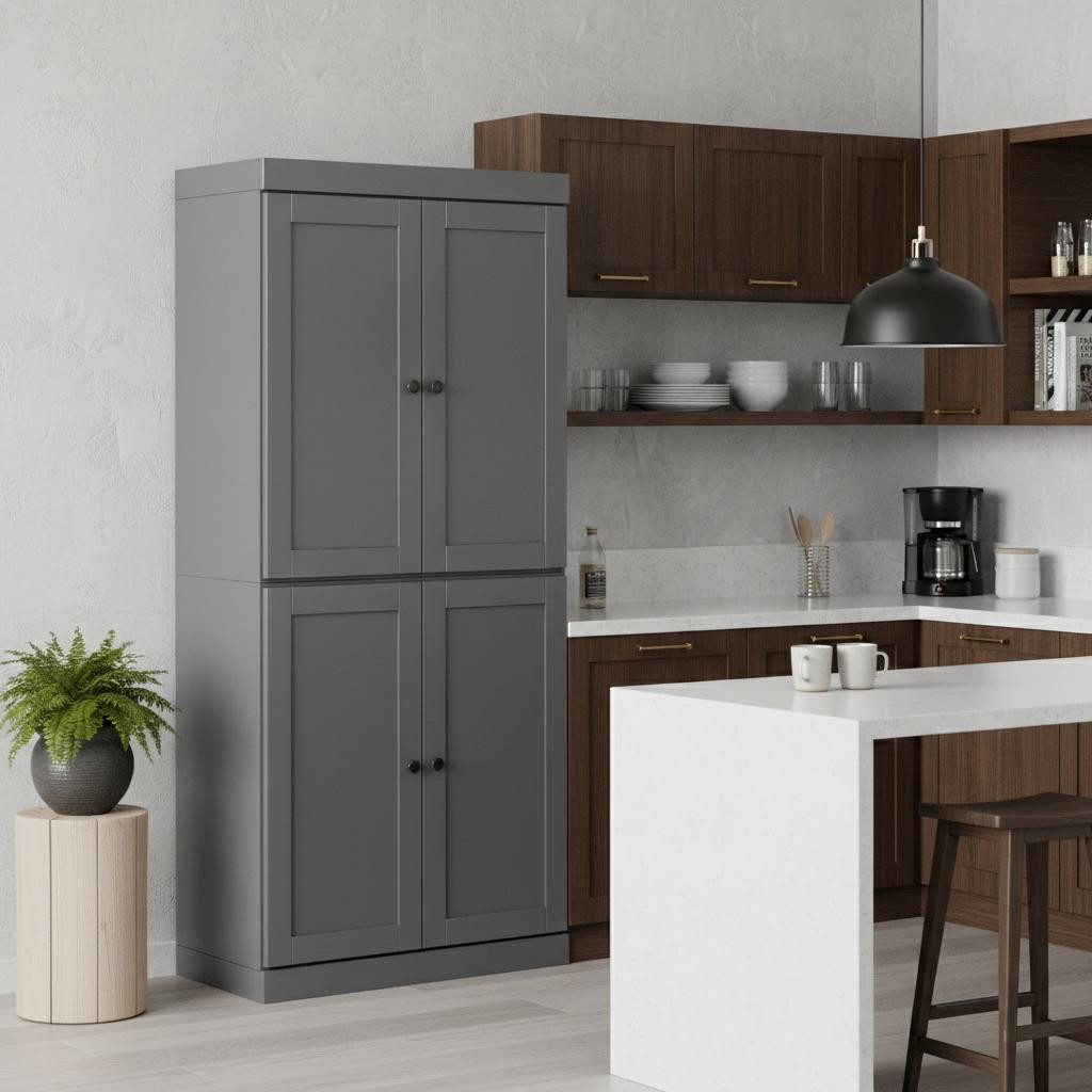 722604 72 in. Gray Solid Wood Four Door Pantry or Storage Closet