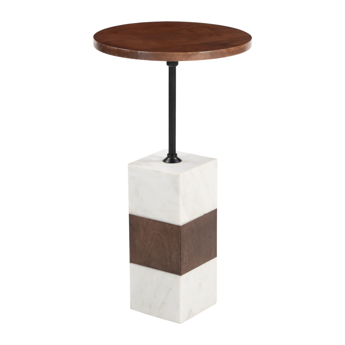 622676 22 in. Brown & White Solid Wood Iron & Marble Circular Pedestal End Table