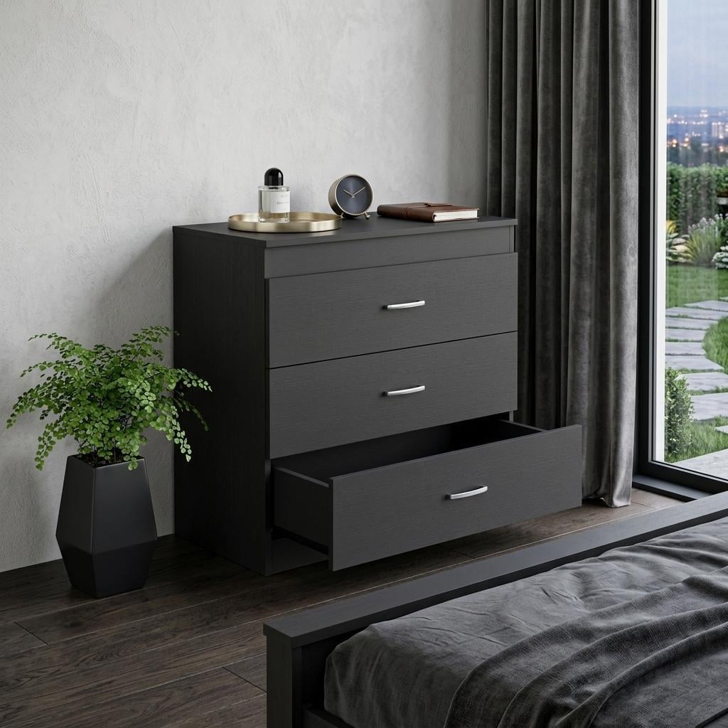 737980 31 in. Black Wood Three Drawer Dresser