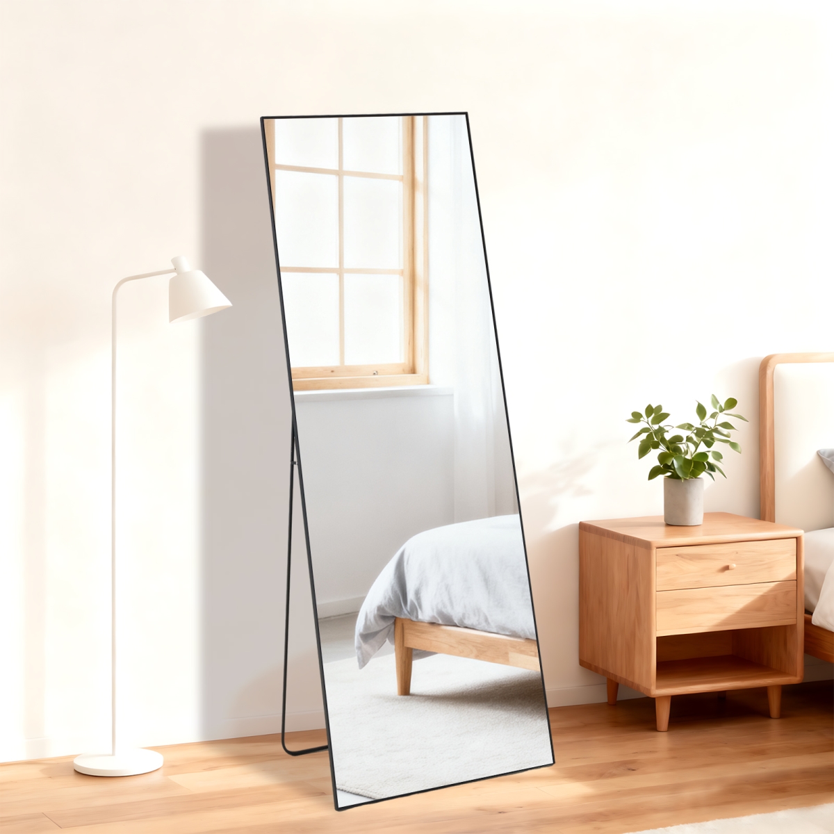 723686 56 in. Black Aluminum Freestanding & Wall Mounted Framed Full Length Mirror