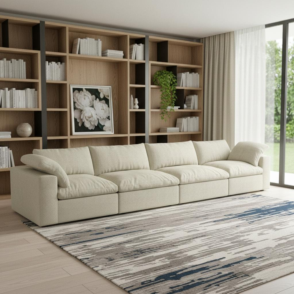 714574 160 in. Khaki Linen Blend Modular Sofa with Toss Pillows