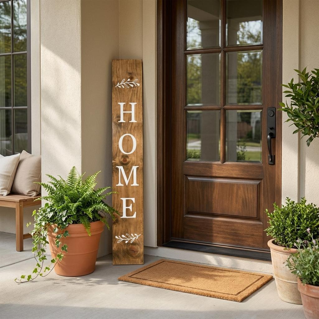 748934 47 in. Natural & White Solid Wood Home Porch Sign