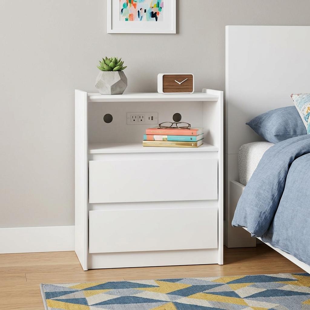 746969 24 in. White Wood Two Drawer Nightstand with USB Port & Integrated Tech