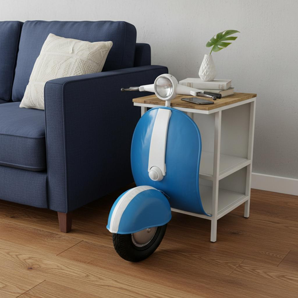 402245 40 in. Natural - Blue & Vanilla Solid Wood & Steel Scooter End Table with Two Shelves