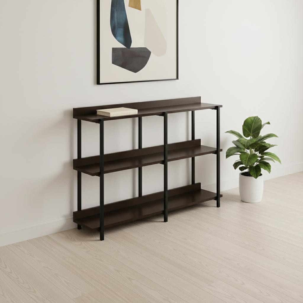 489735 47 in. Brown & Black Wood & Metal Frame Console Table with Three Shelves