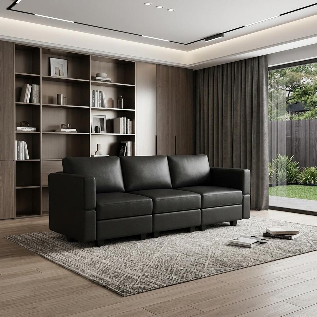 753437 79 in. Black Faux Leather Modular Sofa & Storage