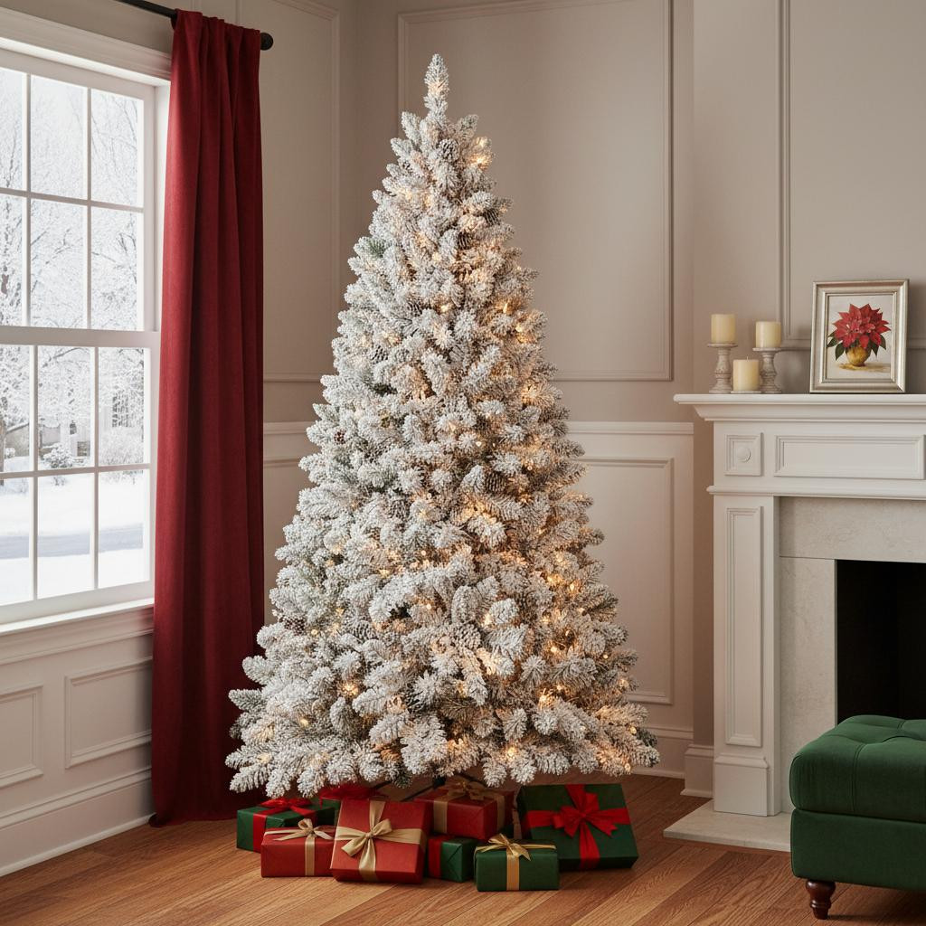 709836 8 ft. Pre-Lit Full Flocked Spruce Christmas Tree