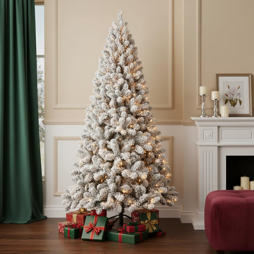 709820 8 ft. Pre Lit Full Flocked Spruce Christmas Tree