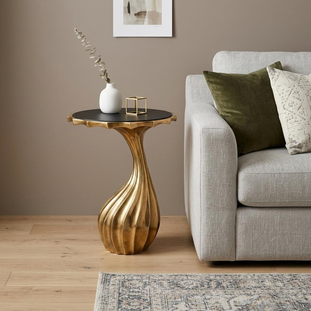 730871 25 in. Gold & Black Aluminum & Granite Round Abstract End Table