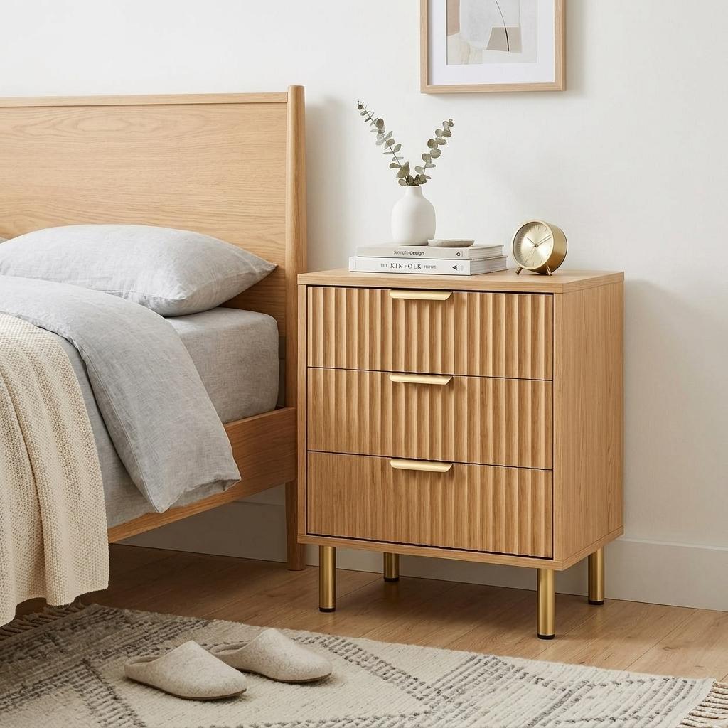 746702 24 in. Oak Wood Ribbed Texture Three Drawer Nightstand