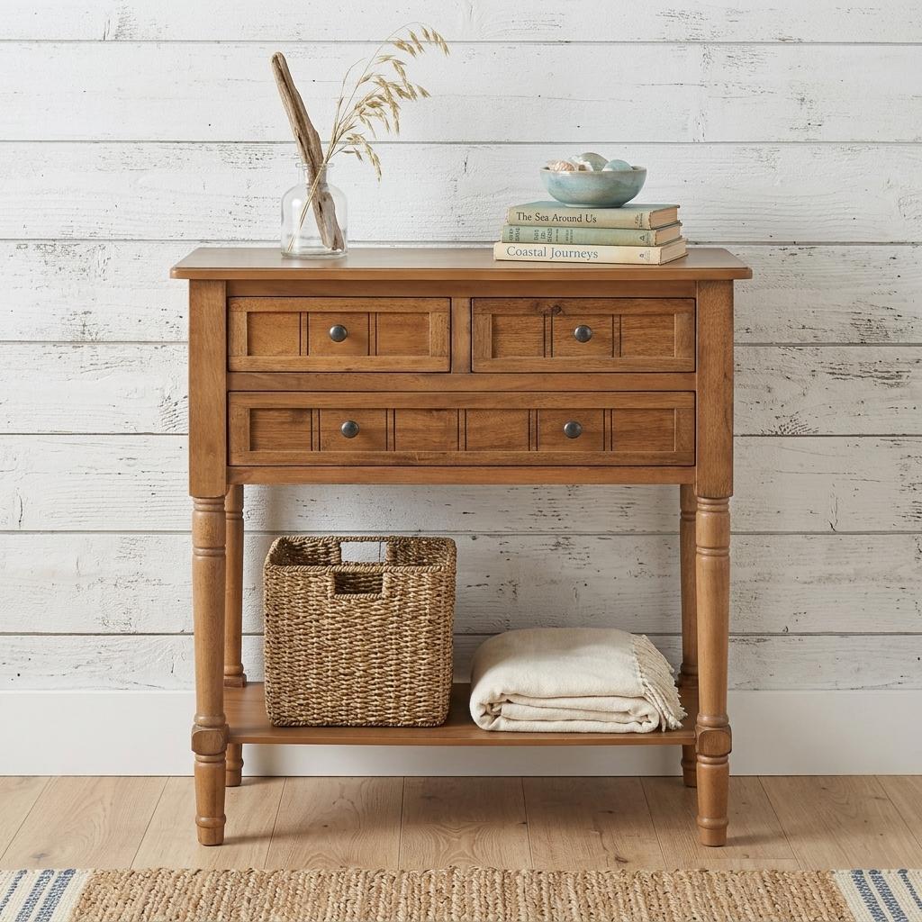 738134 24 in. Natural Solid Wood Distressed Console Table with Shelf & Three Drawers