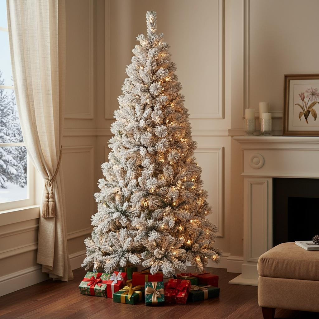 713099 8 ft. White Pre Lit Full Pine Christmas Tree