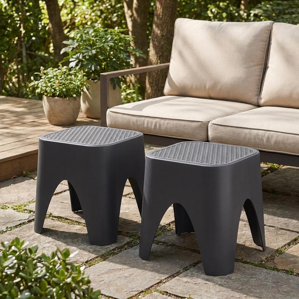 716298 15 in. Plastic Outdoor Footstool Ottoman, Black