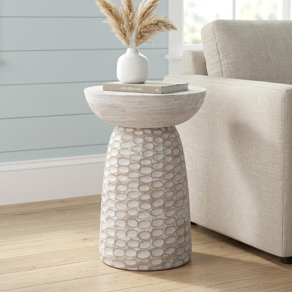 641894 18 in. White & Natural Distressed Solid Wood Round Pedestal End Table