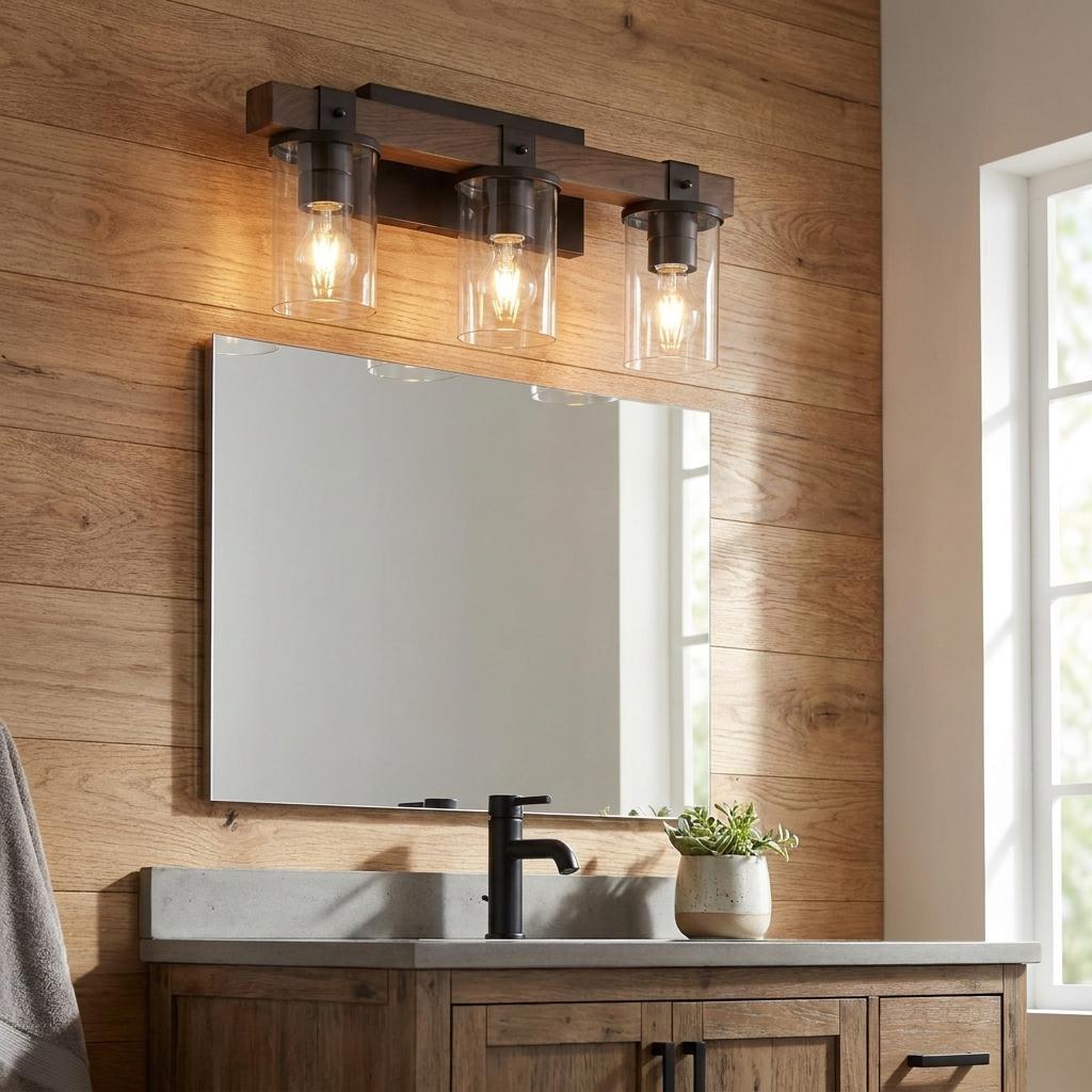 751315 22 in. Brown & Gray Wood Metal & Glass Three Light Bath Bar Vanity Light