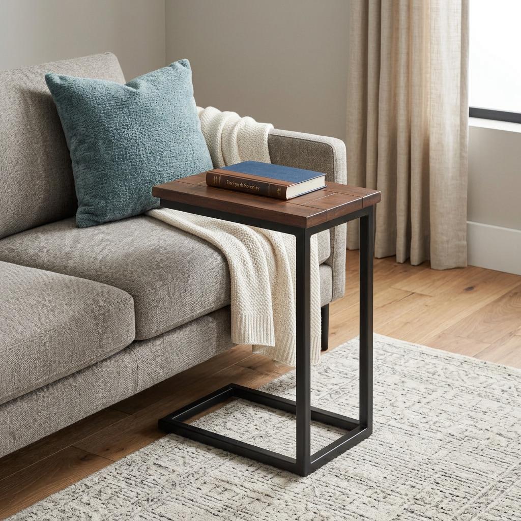 641906 24 in. Dark Brown & Black Solid Wood & Iron End Table