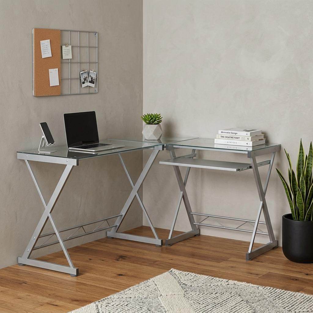 723780 62 in. Clear Glass & Steel L Shape Computer Desk