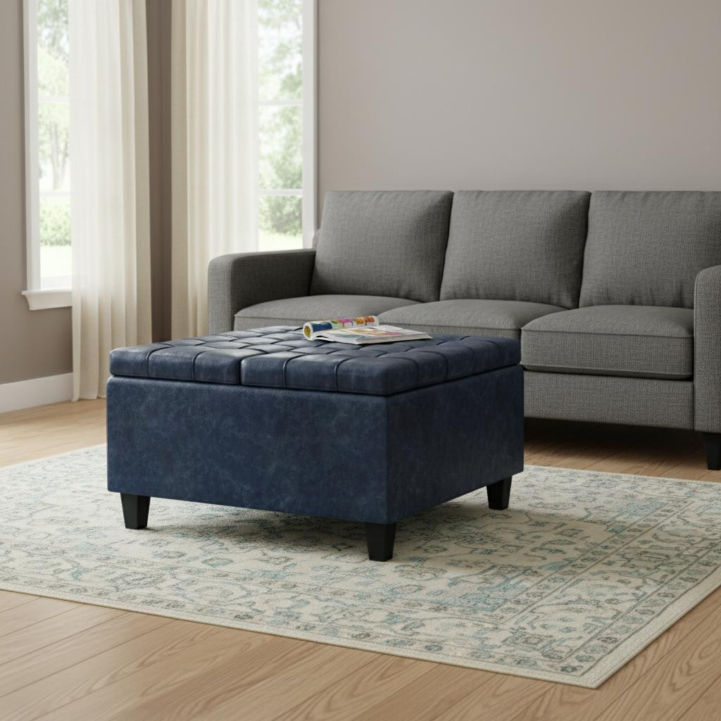 641674 30 in. Denim Blue & Black Faux Leather Tufted Ottoman with Storage