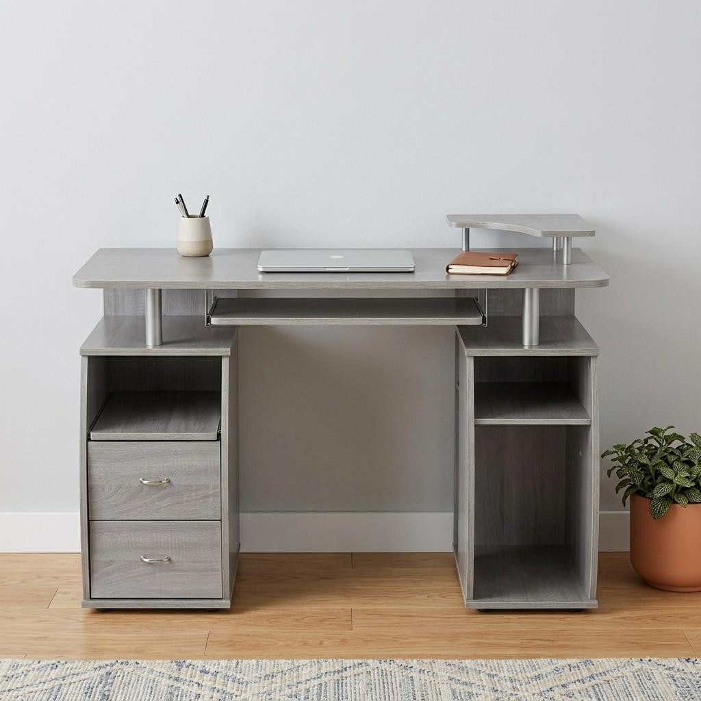 723756 47 in. Gray Wood Pedestal Computer Desk with Two Drawers