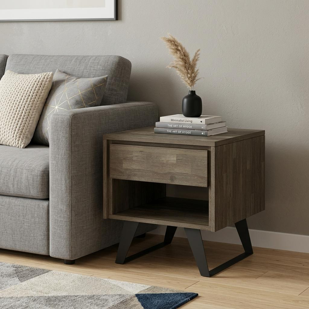 641891 22 in. Gray Black & Varnished Distressed Solid Wood & Iron Square Sled End Table with Drawer & Shelf