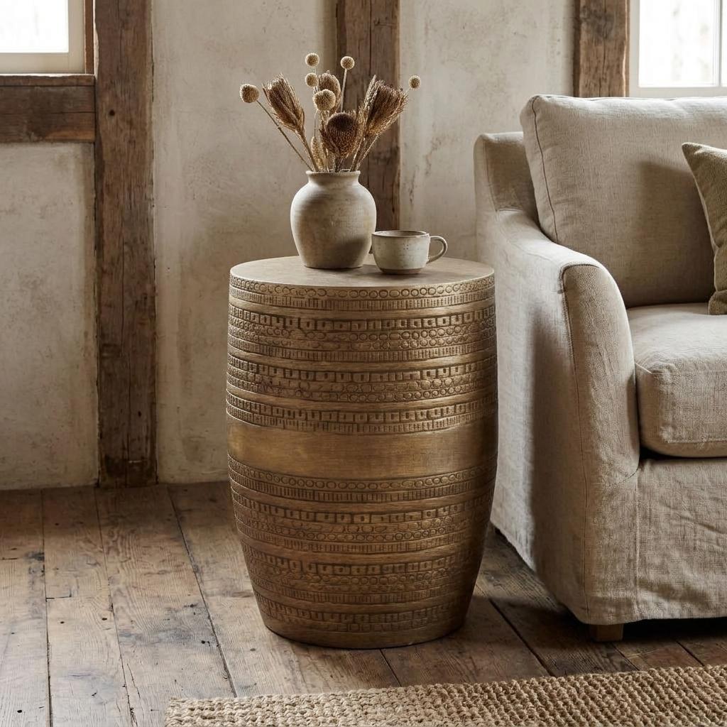 636136 20 in. Textured Antiqued Gold Distressed Iron Round Drum End Table