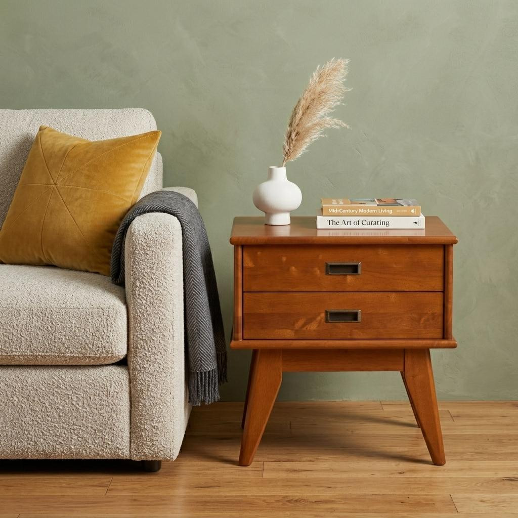 641884 22 in. Varnished Brown Wood End Table with Two Drawers