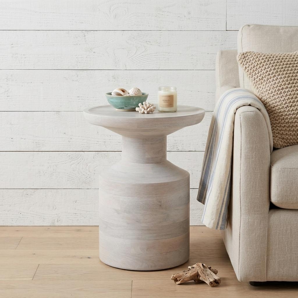 641885 18 in. Washed White Distressed Solid Wood Round Drum End Table