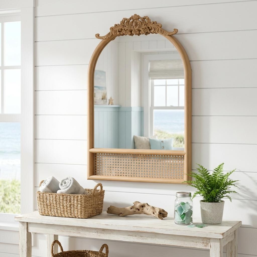 719508 36 in. Brown Wood & Rattan Arch with Scroll Framed Accent Mirror