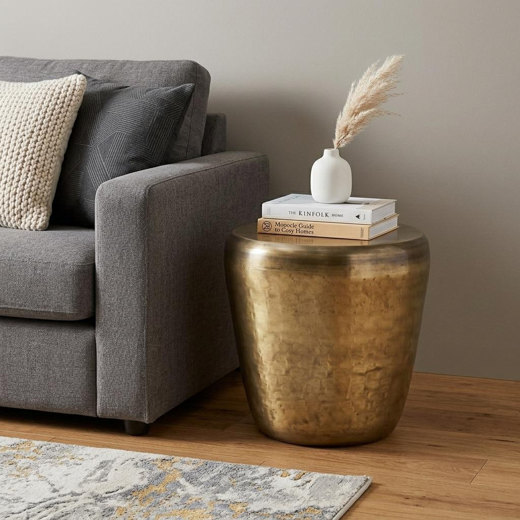 636114 22 in. Antique Antiqued Gold Distressed Iron Round Drum End Table