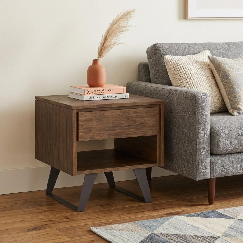 641904 22 in. Brown Black & Matte Solid Wood & Iron Square Sled End Table with Drawer & Shelf