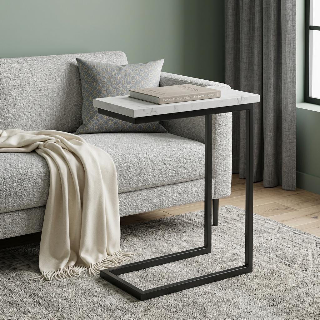 636137 24 in. Glossy White & Black Marble & Iron End Table