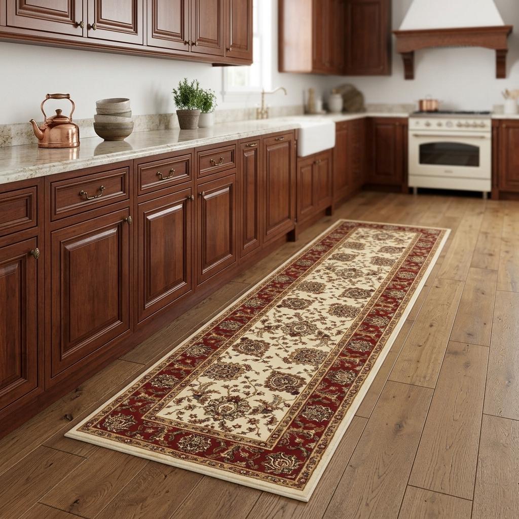 576204 9 ft. Ivory & Red Oriental Runner Rug