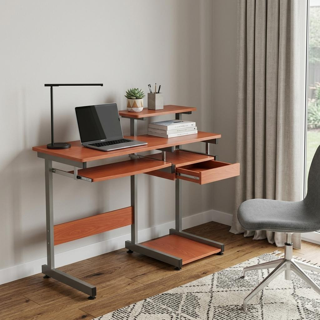 723735 38 in. Oak & Silver Wood & Steel Sled Computer Desk