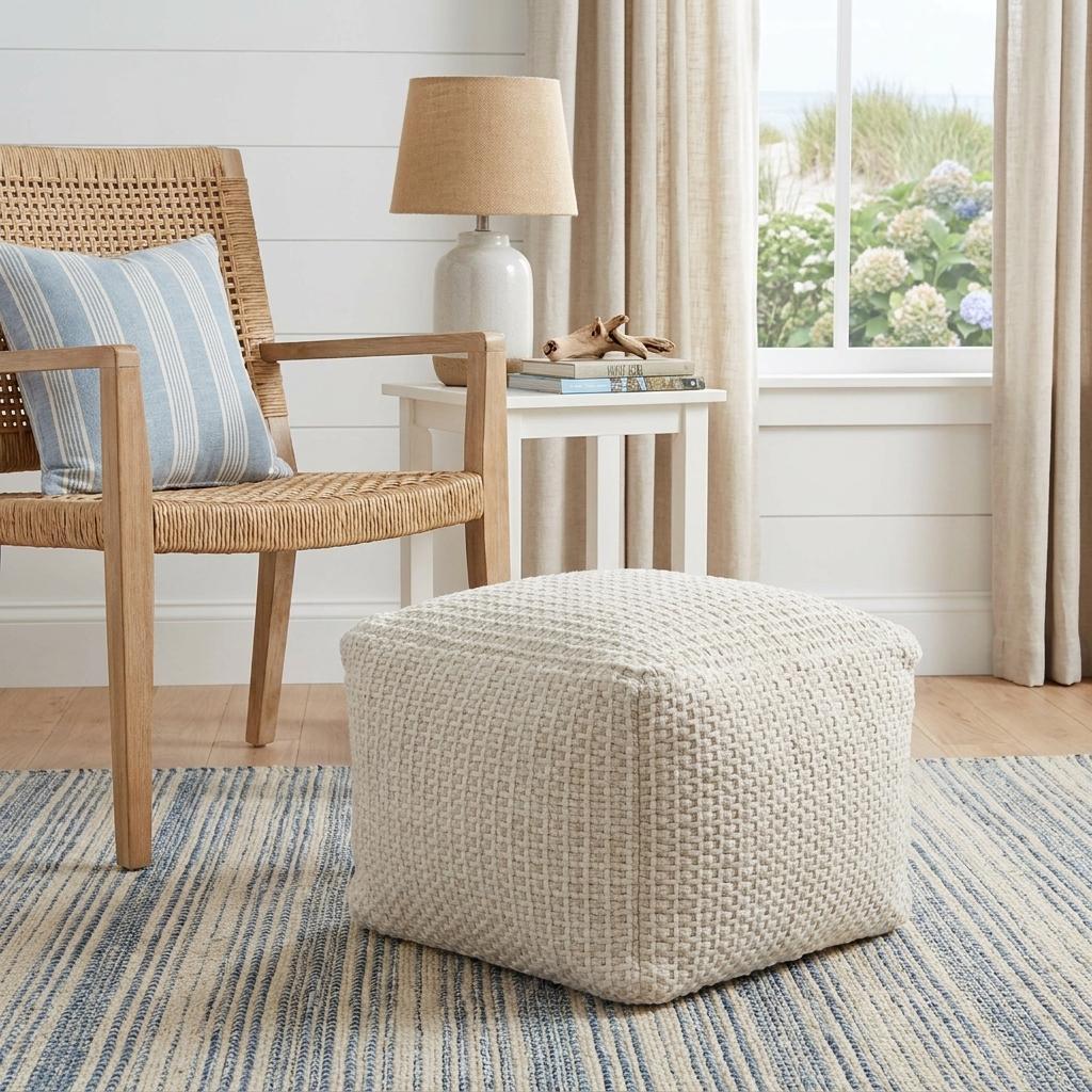 755493 18 in. Off White Cotton Blend Cube Pouf Ottoman