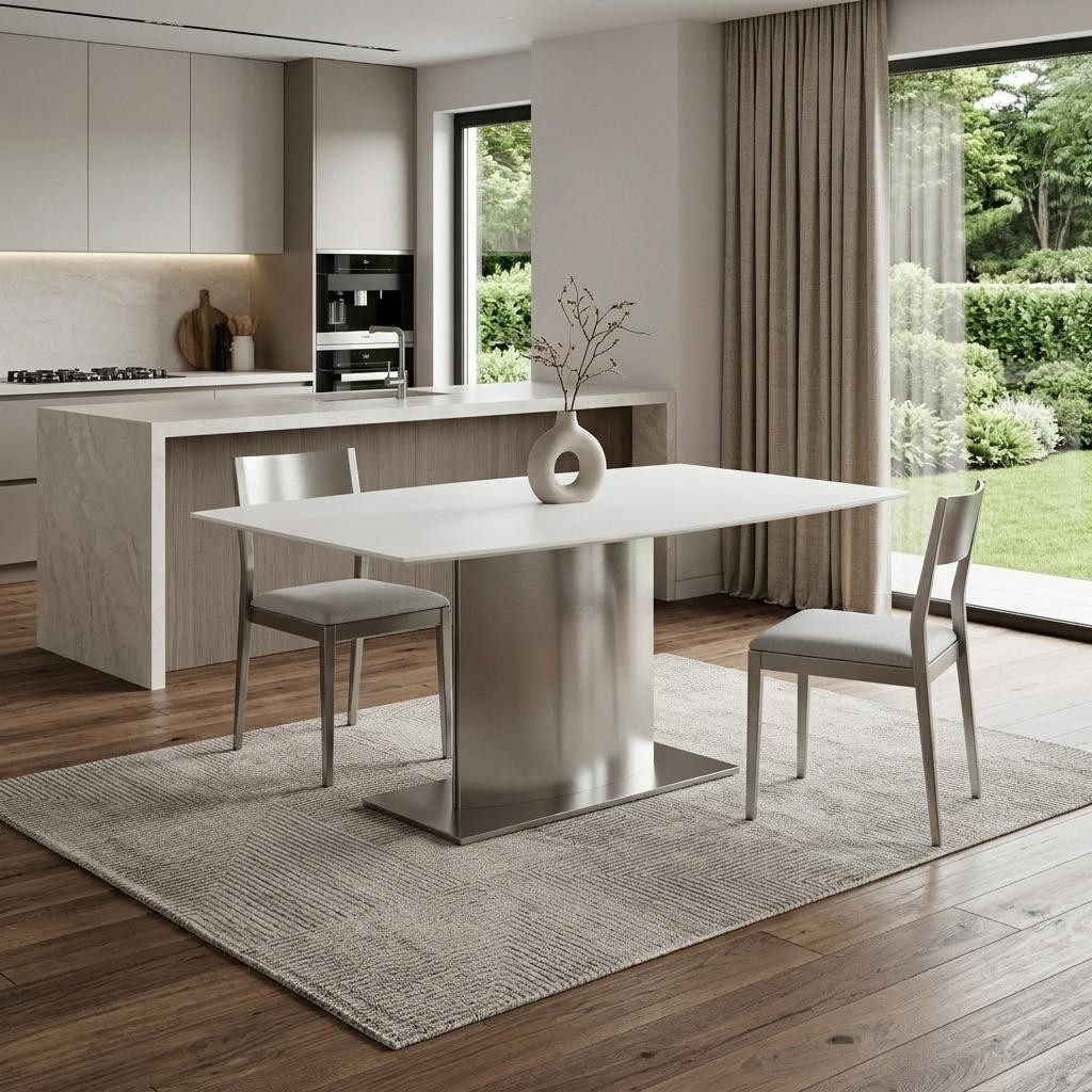 555153 63 in. White & Silver Marble & Stainless Steel Pedestal Base Dining Table