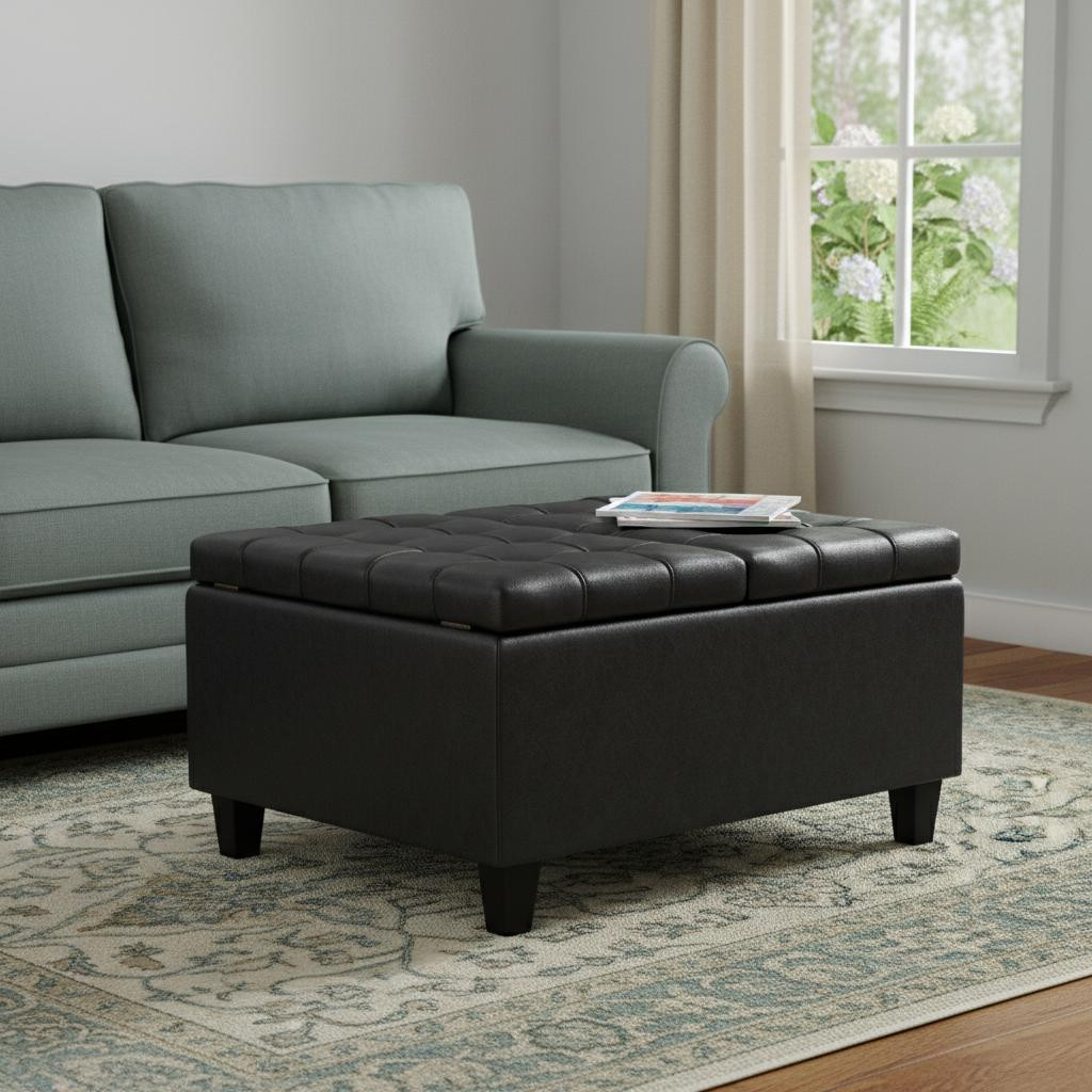 641696 30 in. Black Faux Leather Tufted Ottoman with Storage