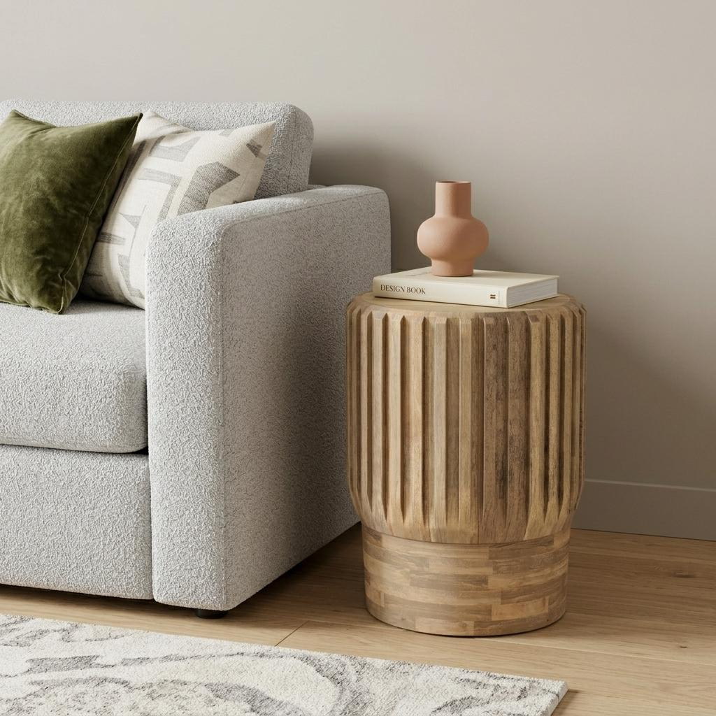 641909 20 in. Natural Solid Wood Round Drum End Table