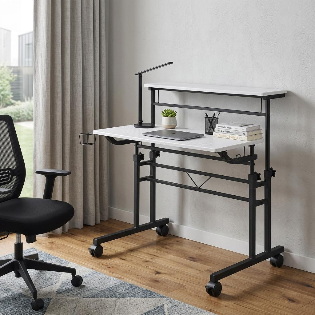 723745 Adjustable White & Black Wood & Stainless Steel Rolling Writing Desk