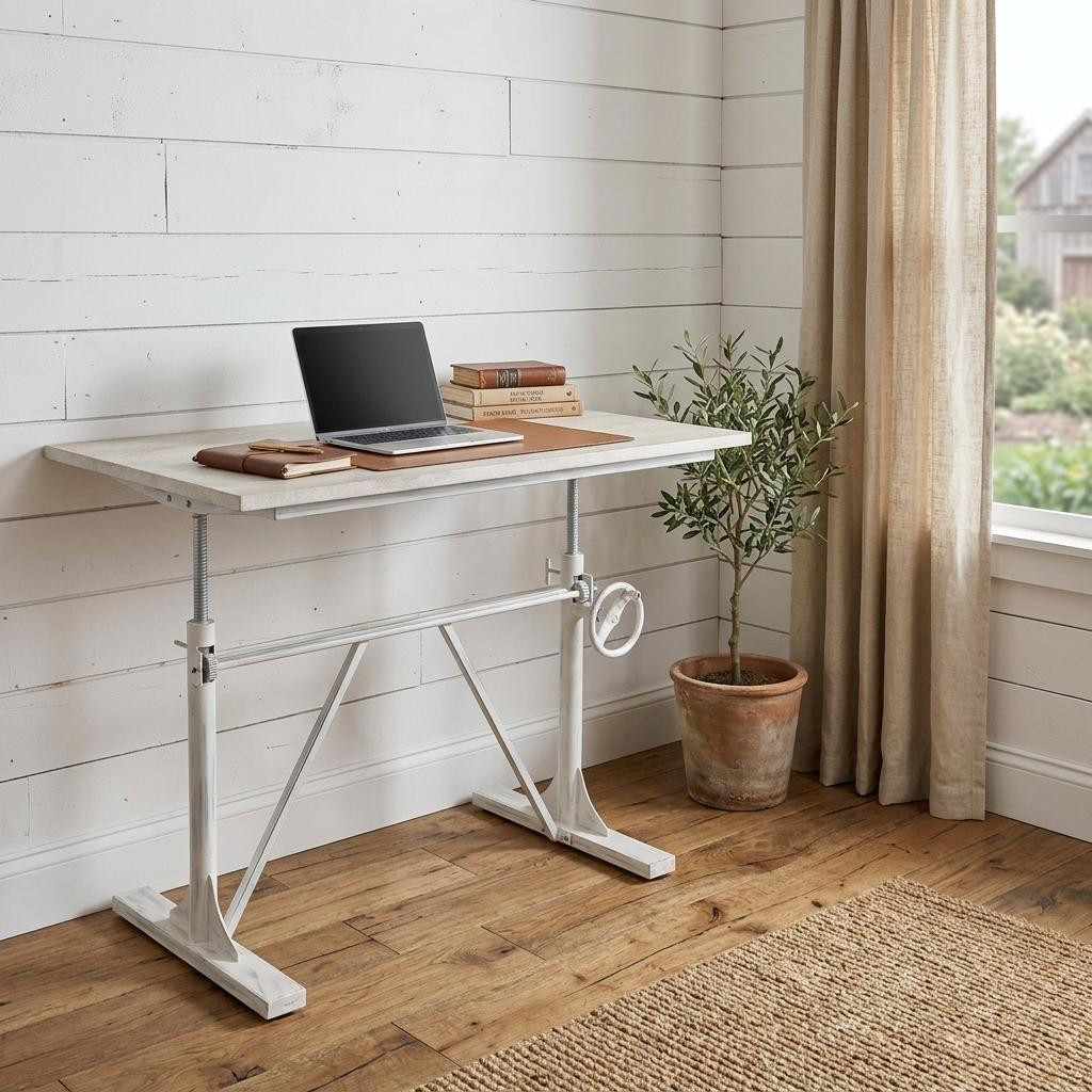 734772 Adjustable Antiqued White Solid Wood & Iron Trestle Standing Desk