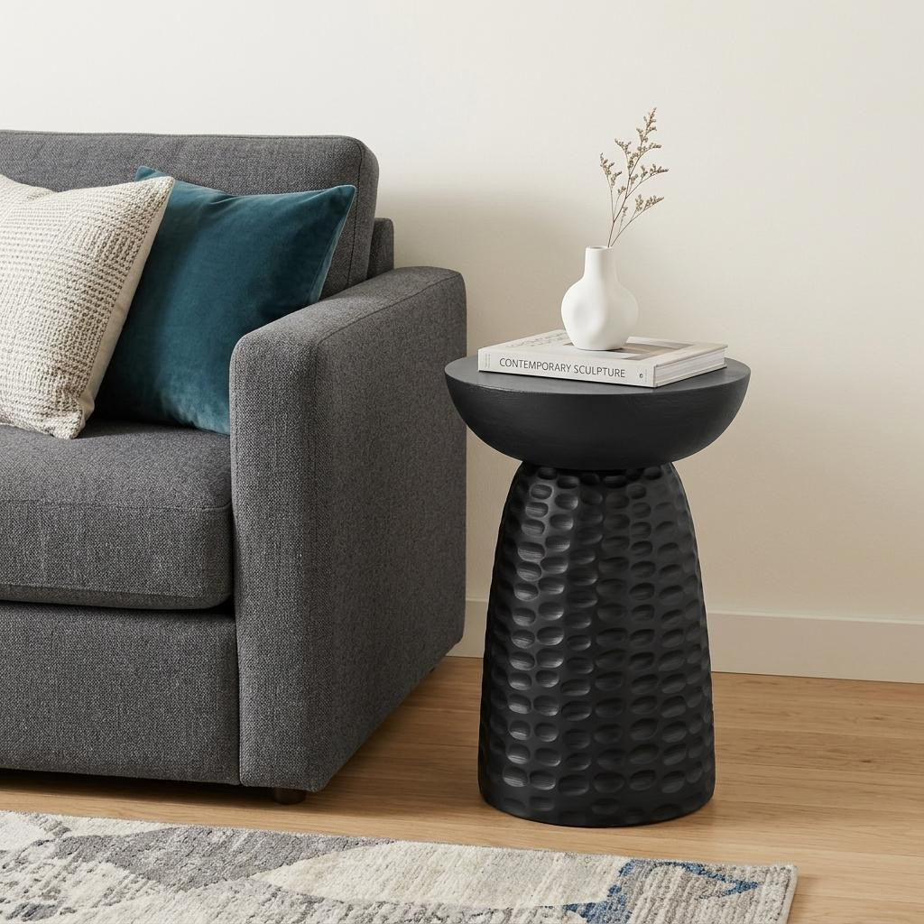 641877 18 in. Black Distressed Solid Wood Round Pedestal End Table