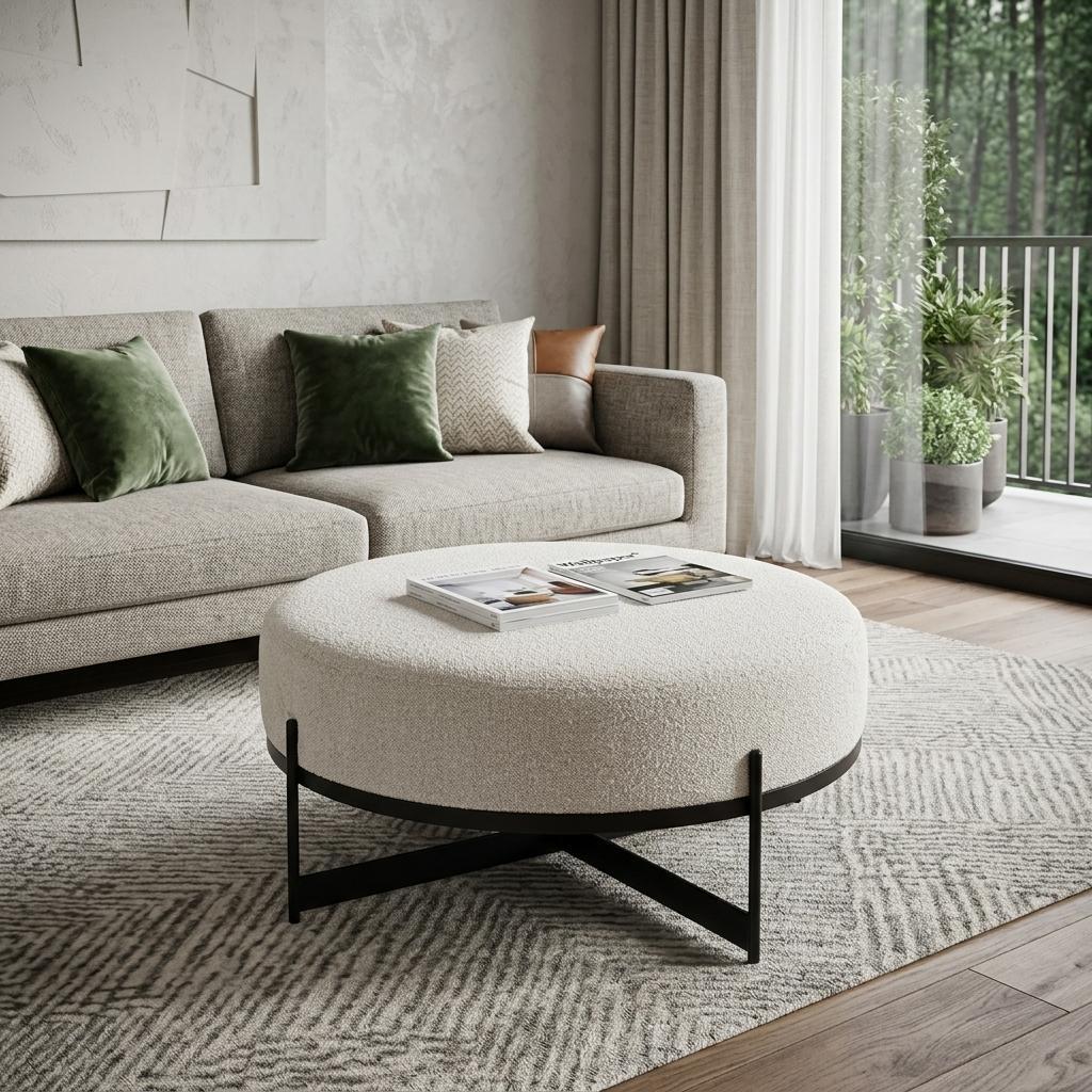 730854 36 in. Cream & Black Fabric Round Pouf Ottoman